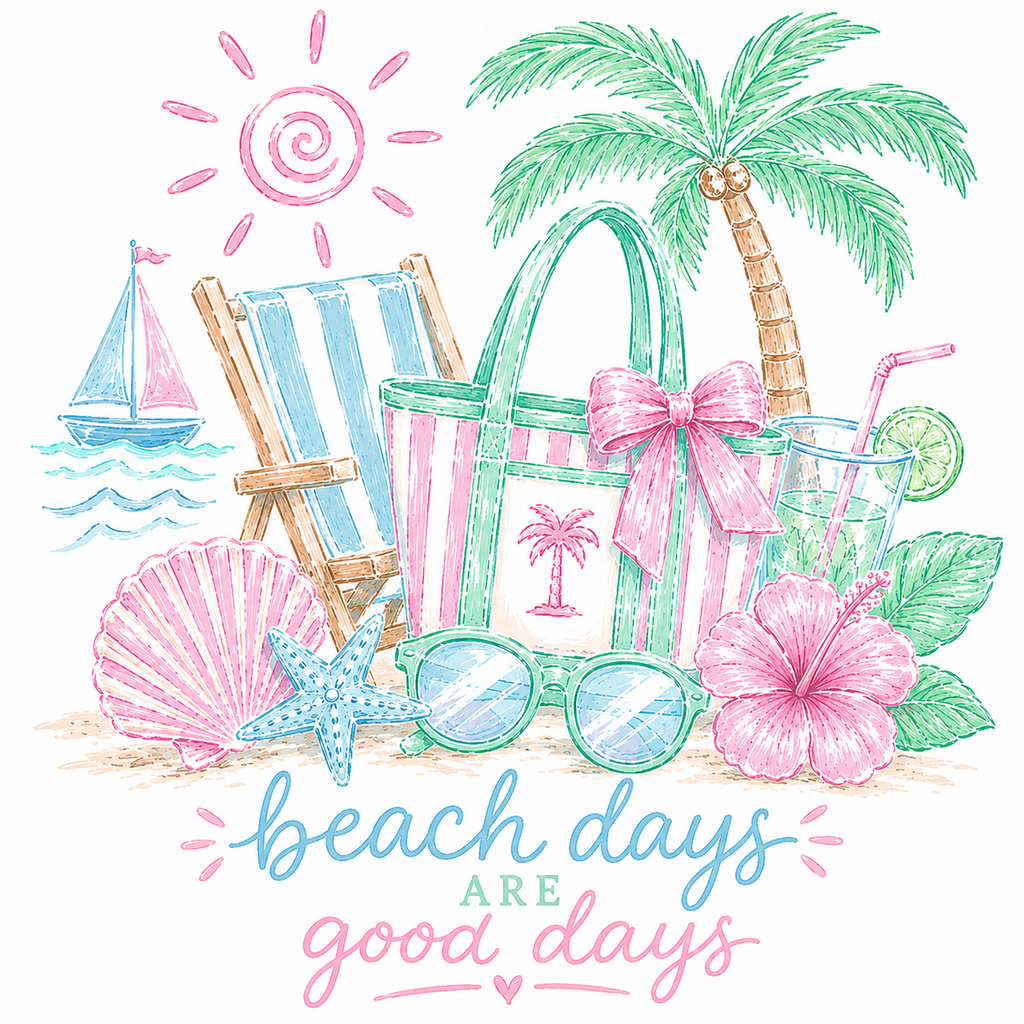 pastel coastal beach summer png with palm trees, seashells, sunglasses, and tropical vacation aesthetic